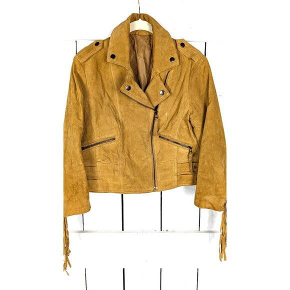 Vintage western tan brown suede leather cropped fringe boho motorcycle jacket - Picture 5 of 8